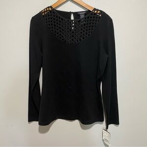 NWT DonCaster Collection Women's Black‎ Lattice Neck Blouse Size M